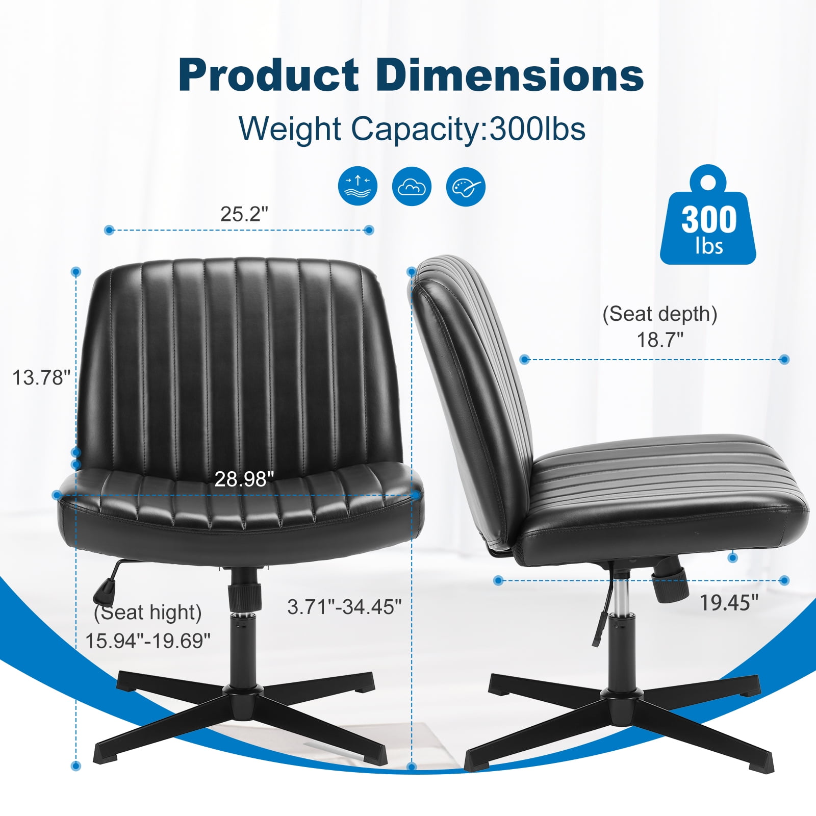JIOABL Criss Cross Chair Armless Cross Legged Office Desk Chair Adjustable Swivel Ergonomic Desk Chair No Wheels U Shaped Backrest with Wide Seat Computer Task Vanity Chair for Home Office,PU Black