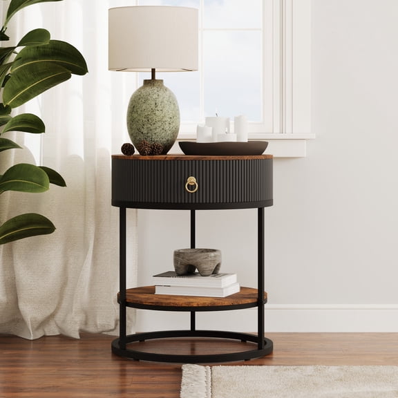 FOROUTIA Round Black End Table with Drawer&Open Shelf,Modern Wood Grain Nightstand for Living Room,Bedroom