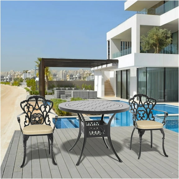 JERFIT 3-Piece Patio Dining Set, Outdoor Aluminum Bistro Set with Round Table, 2 Ergonomic Chairs & Beige All-Weather Cushions, Black