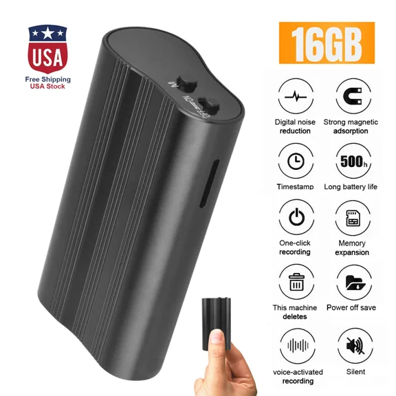 16GB Magnetic Mini Voice Activated Recorder 500 Hours Battery Time w/ Headphones