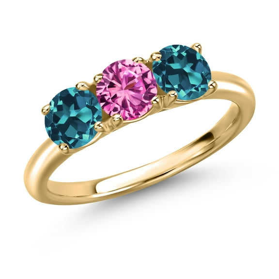 Gem Stone King 10K Yellow Gold Pink Created Sapphire and London Blue Topaz Engagement Ring for Women | 1.95 Cttw | Round 5MM | Gemstone September Birthstone | Size 7