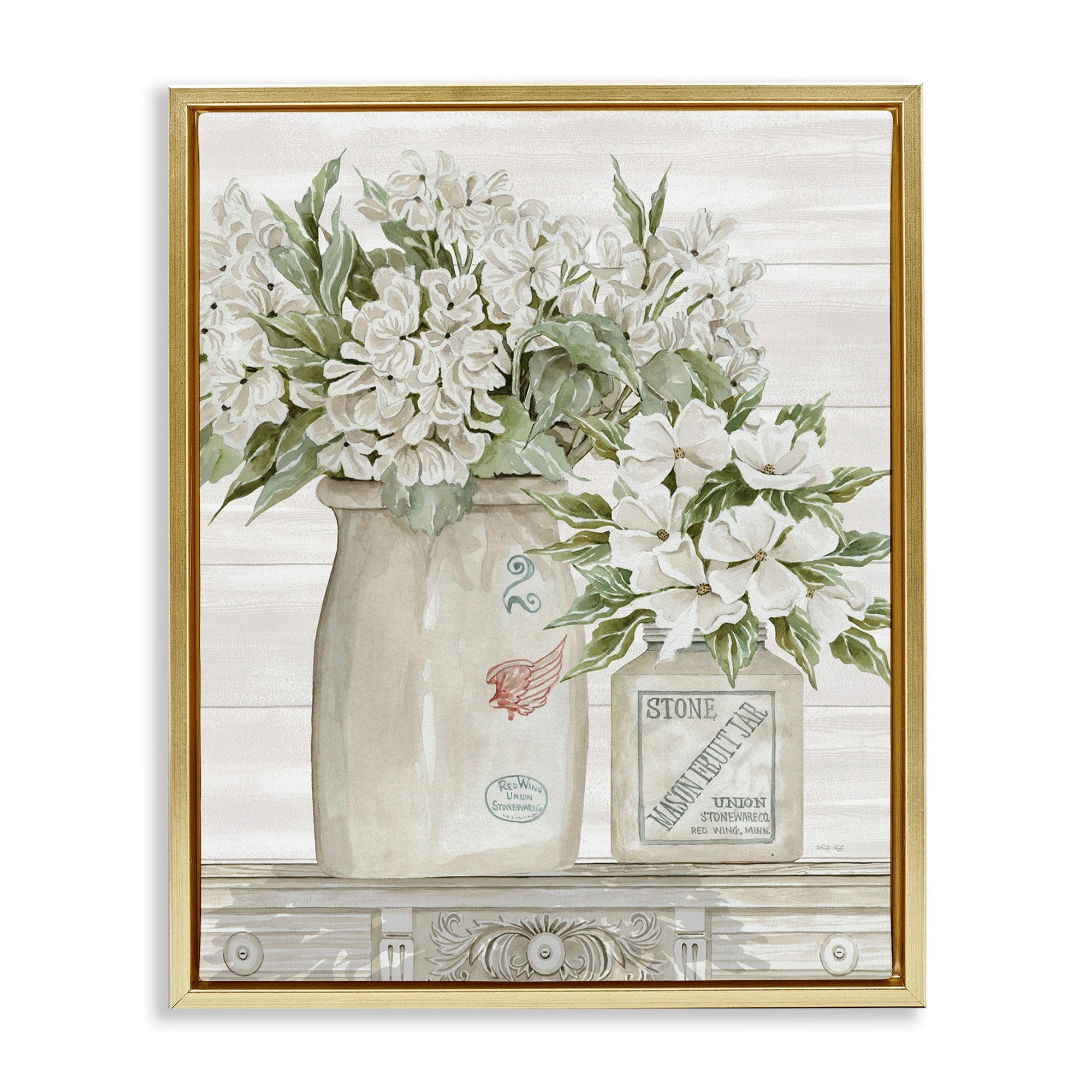 Stupell Industries Alluring White Florals Classic Country Ceramic Jars Metallic Gold Framed Floating Canvas Wall Art, 16x20, by Cindy Jacobs