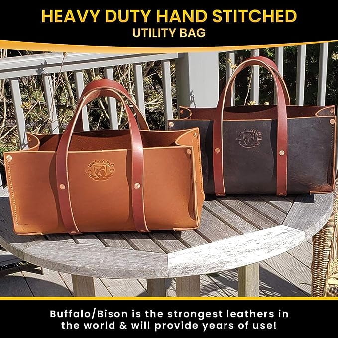 Buffalo Leather Tote Tool Bag For Hand Tools, Gardening, Outdoorsmen, Heavy Duty Premium Storage Leather Organizer (Crazy Horse Black)