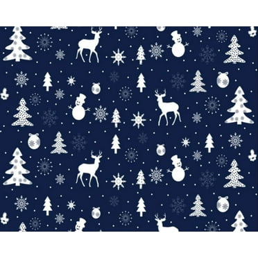 45 x 36 Christmas Shuffle Reindeer Snowmen Trees Snowflakes Ornaments on Blue 100% Cotton Fabric