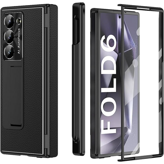 Galaxy Z Fold 6 Case, 4-in-1 Leather Magnetic Hinge Protection Case with Kickstand, Lens Protection, S Pen Holder, and Screen Protector - for Samsung Galaxy Z Fold 6 5G (Black)