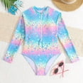 thumbnail image 2 of BOBOGOJP Girls One Piece Swimsuits Long Sleeve Rash Guard Zipper Front Bathing Suit UPF 50+ Blue for Size 11-12 Years, 2 of 5