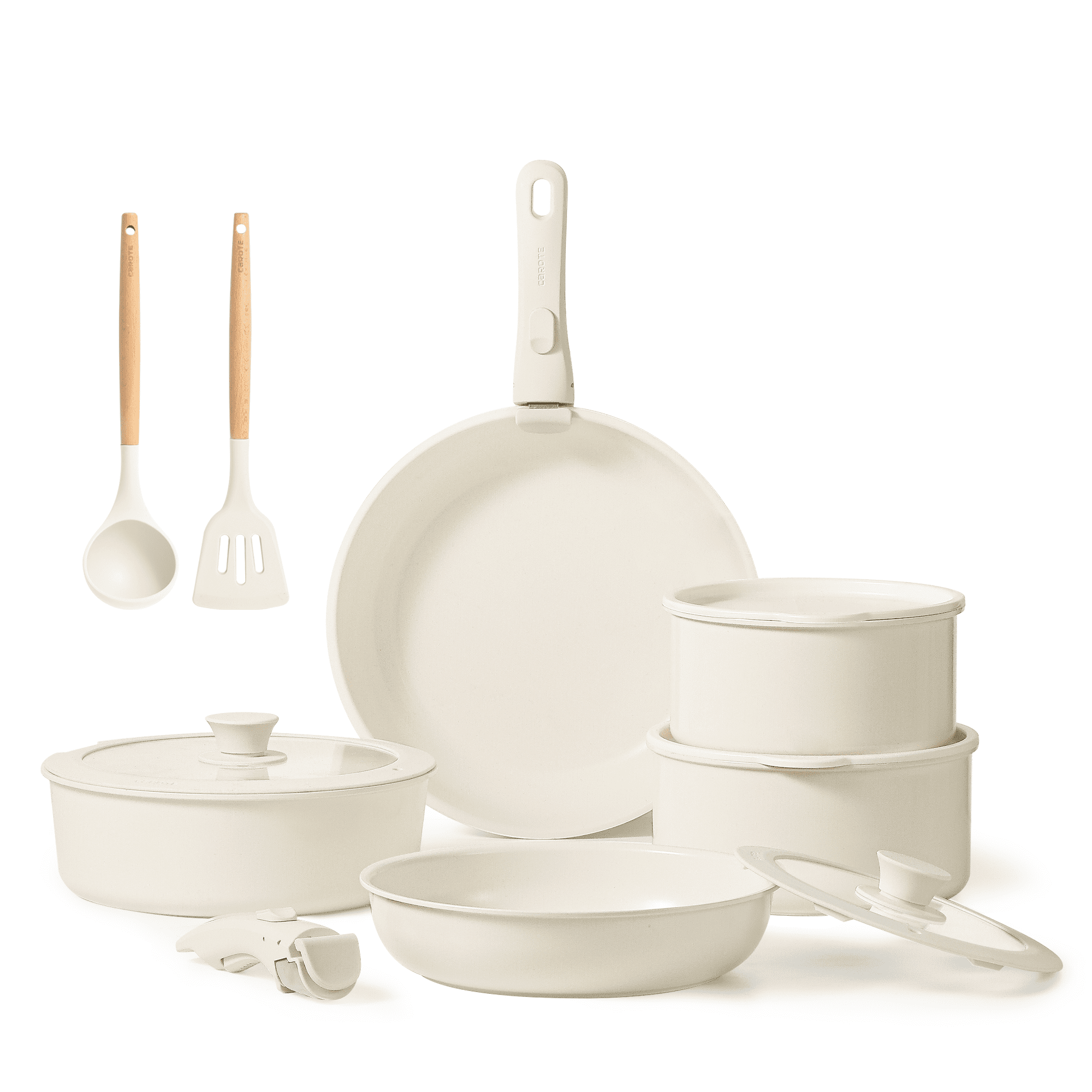 Carote 11 Pcs Ceramic Cookware Set, Pots and Pans Set Non Stick with Detachable Handles, Oven Safe, Induction Cookware, Stackable Kitchen Set, Cream White