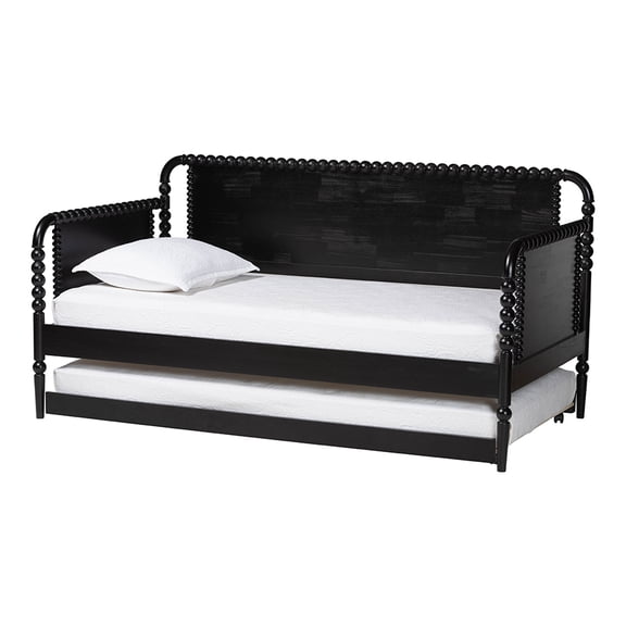 Baxton Studio Lucera Bobbin Daybed with Rolling Trundle - Wooden Bed Frame with Turned Spindle Detailing, Classic Style Sofa Bed for Bedroom or Guest Room, Twin, Black