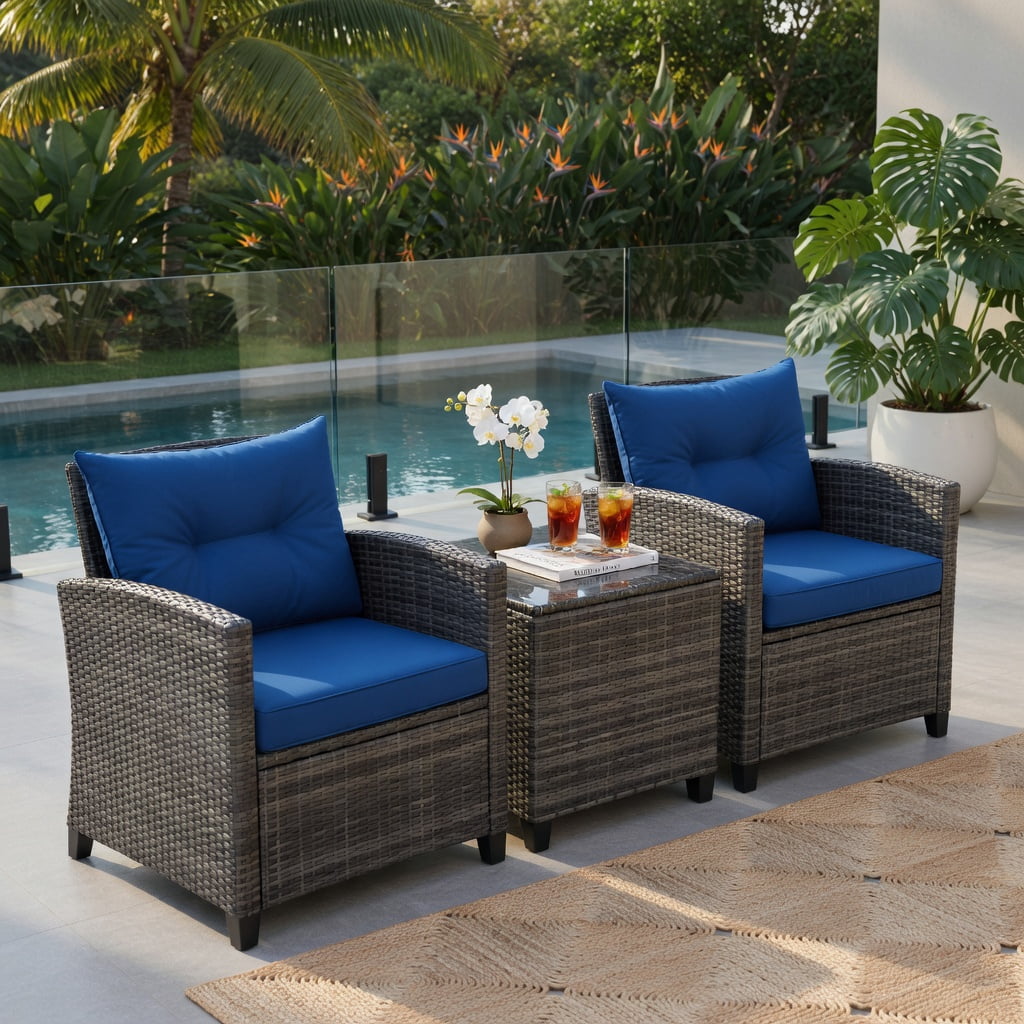Hommoo 3-Piece Outdoor Wicker Conversation Set, PE Rattan Sofa Set with Tempered Glass Coffee Table, Weather-Resistant Patio Furniture for Backyard, Poolside & Garden, Navy