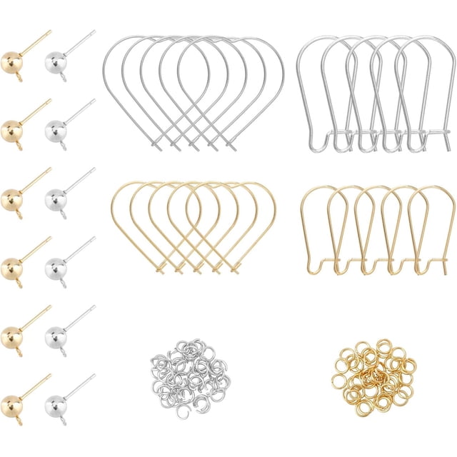 Kit de accesorios para pendientes de acero inoxidable de 2 colores: 12 pendientes de bola con 24 aros y 80 anillos abiertos.