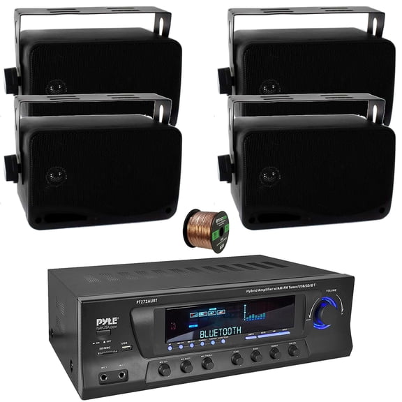 Pyle PT272AUBT High-Power 300 Watt Max Bluetooth Home Theater Amplifier Receiver with AM/FM Radio, MP3 & USB Playback, 4x 3.5'' 200W Max Power 3-Way Indoor/Outdoor Wall Mount Black Speakers W/16G Wire