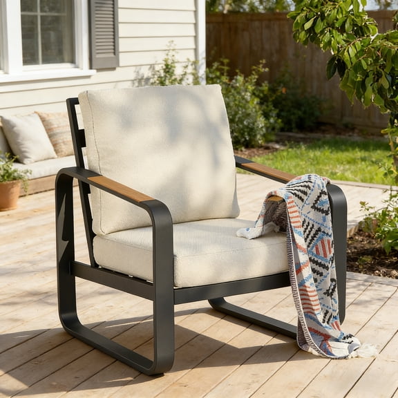 Fnova Outdoor Patio Chair, Heavy Duty Metal Frame Chair with Thick Cushion, Weather Resistant Outdoor Seating Furniture for Porch, Backyard, Balcony