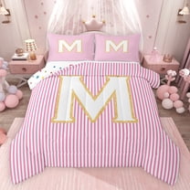 Feelyou Fashion Pink Stripes Bedding Comforter Set for Teen, Initial M Letter Twin Comforter Sets, Cute Princess Cartoon Reversible Bedding Set, Breathable Home Decor, 2pcs