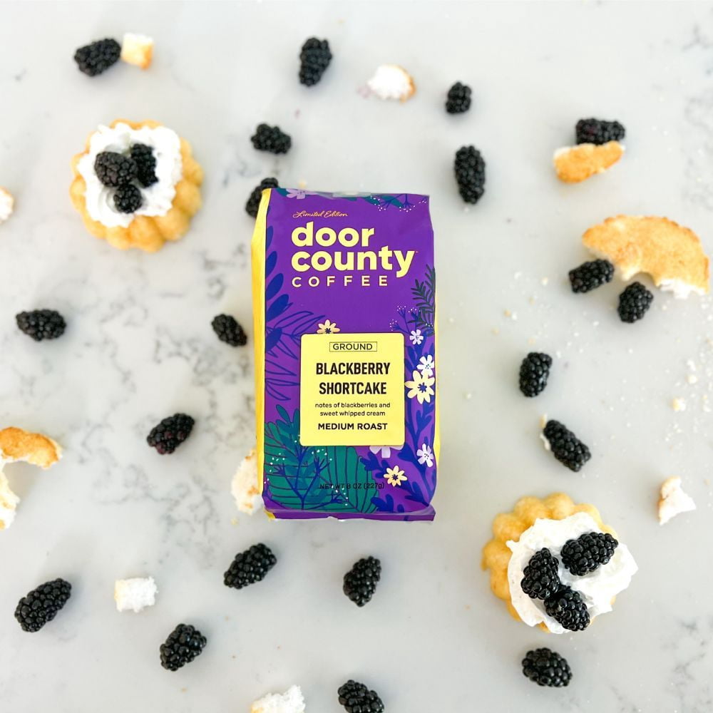 Door County Coffee Blackberry Shortcake Flavored Specialty Arabica Coffee, Medium Roast, Ground, 8oz Bag (Spring & Summer Limited Edition)