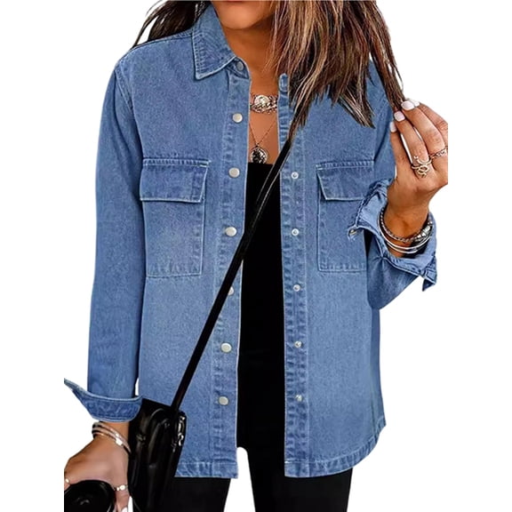 Women'S Oversized Denim Jacket Casual Long Sleeve Denim Shirts Distresse Jean Jacket Fall Outfits Retro Blue XXL