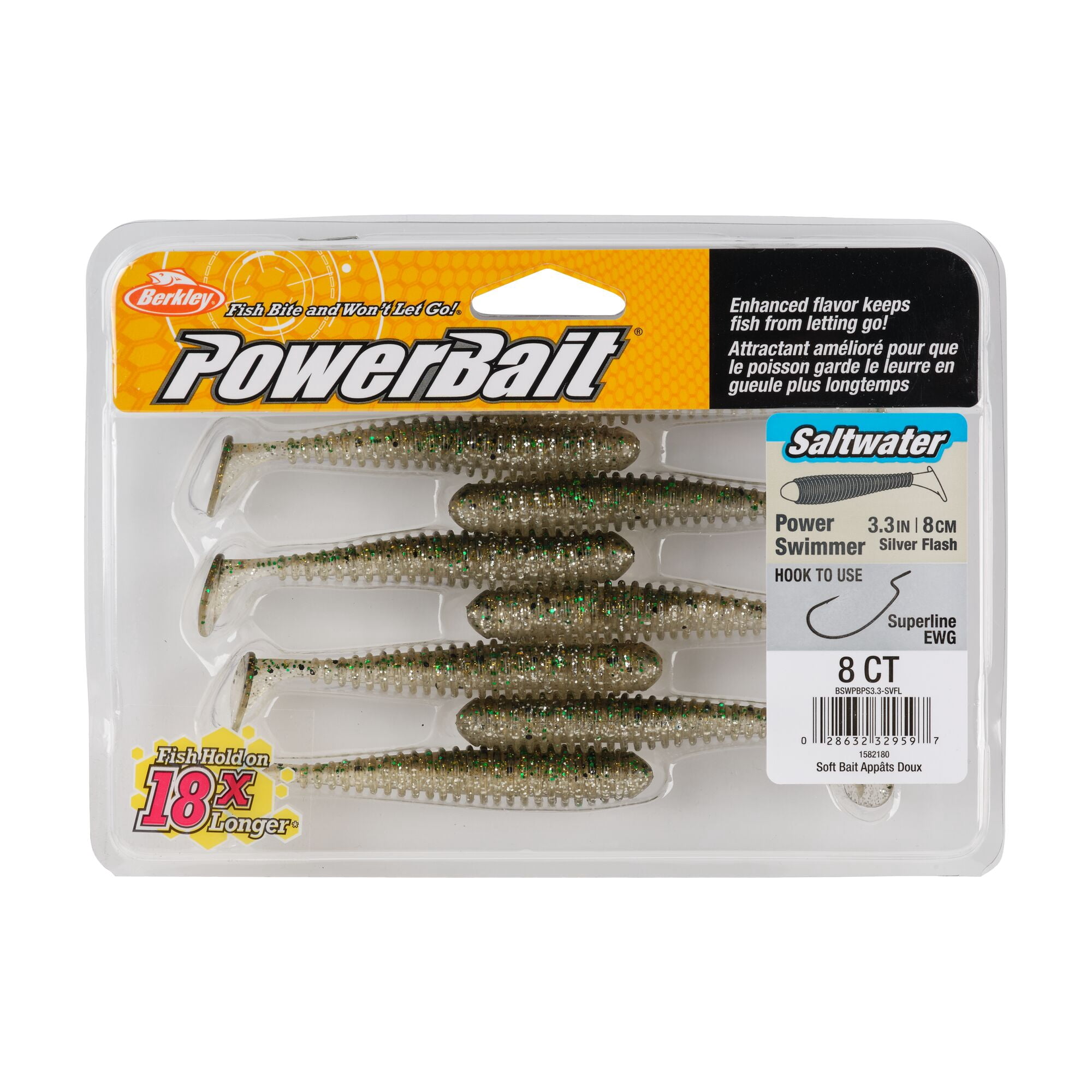Berkley PowerBait® Saltwater Power Swimmer, 3.3 in, Swimbaits, Silver Flash (8-count)
