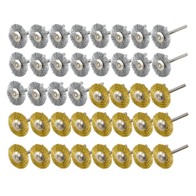 Juego de 40 mini cepillos de alambre, juego de cepillos de latón y acero (3 mm), vástago para herramienta rotativa, Dremel eléctrico, rueda de pulido