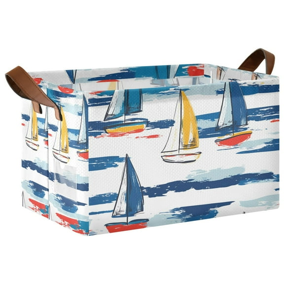 Yayeee Foldable Storage Basket for Shelves with Handles Waterproof Cloth Bins, Dark Blue Hand Drawn Sailboats