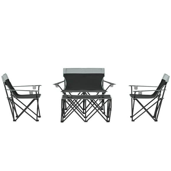 Outsunny Grey 4-Piece Folding Camping Table & Chairs Set | 600D Polyester Outdoor Lawn Furniture w/ Cup Holders | 37.4" W Table | Picnic, Hiking, Patio Use