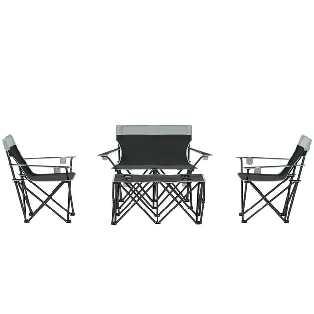 CoSoTower Ensemble de 4 Pcs Table et Chaises de Camping Pliantes, Ensemble de Chaises de Pelouse d'Extérieur avec Table, Porte-Gobelets pour Randonnée, Pique-Nique, Gris