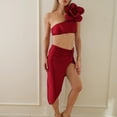 thumbnail image 4 of UTSJKR Two Piece Swimsuits Womens 3D Flower One Shoulder Cutout Bikini Bathing Suits with Cover Up Skirt Wine S, 4 of 6