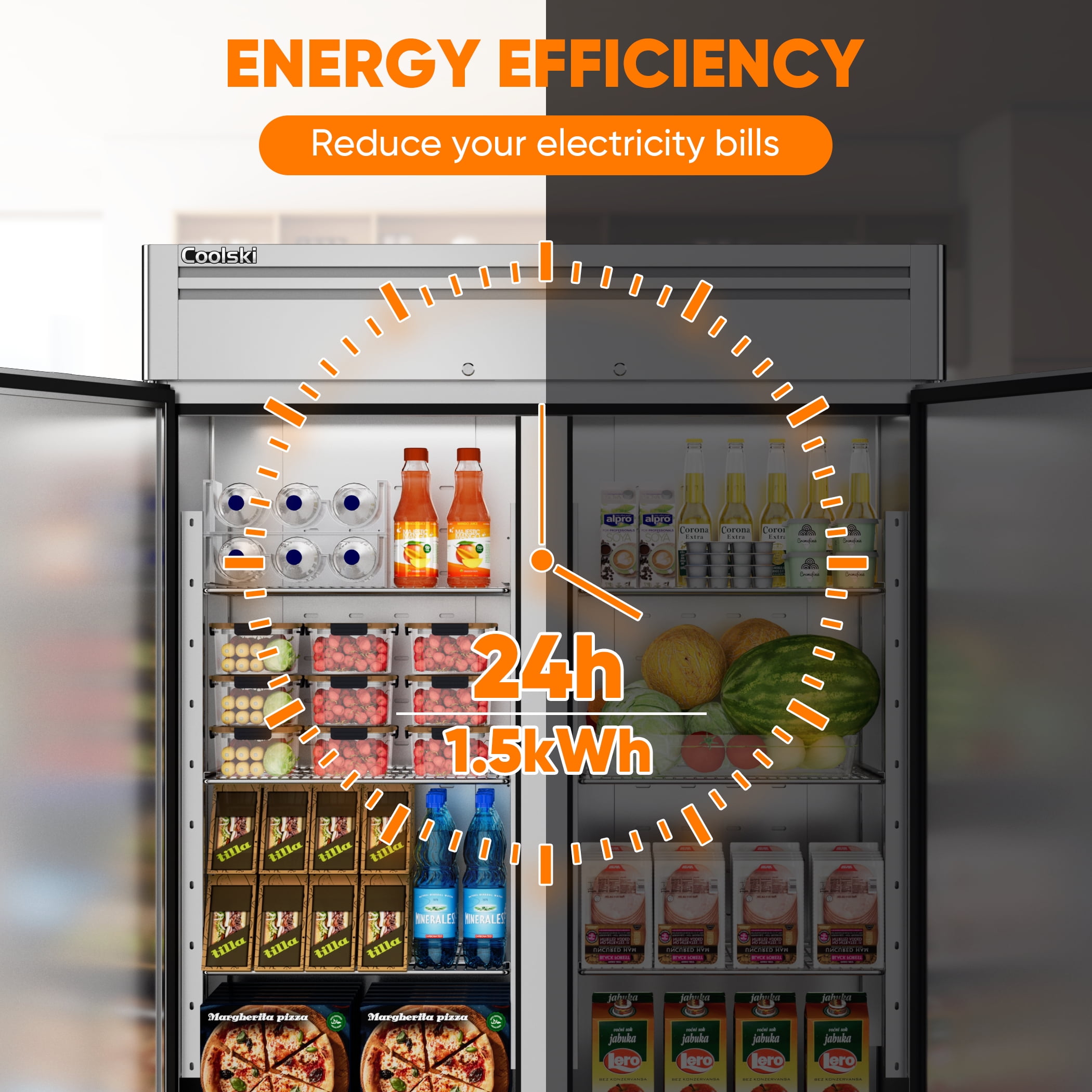 Coolski 49 Cu.ft Commercial Refrigerator, 2-Door Stainless Steel Reach-In Fridge