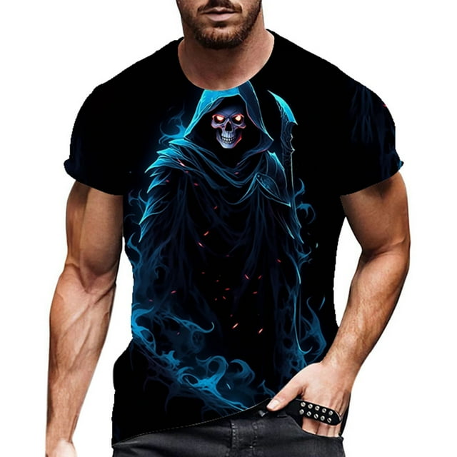Oversized Tshirts for Men Cool Gift Creative Ghost Print Light Blue Graphic Fall Tees size S