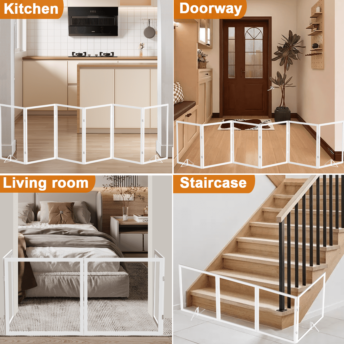 Fairy Baby 6 Panel Freestanding Dog Gate, Clear Acrylic Wooden Pet Gate 24"H x 102"W for Stairs Hallway