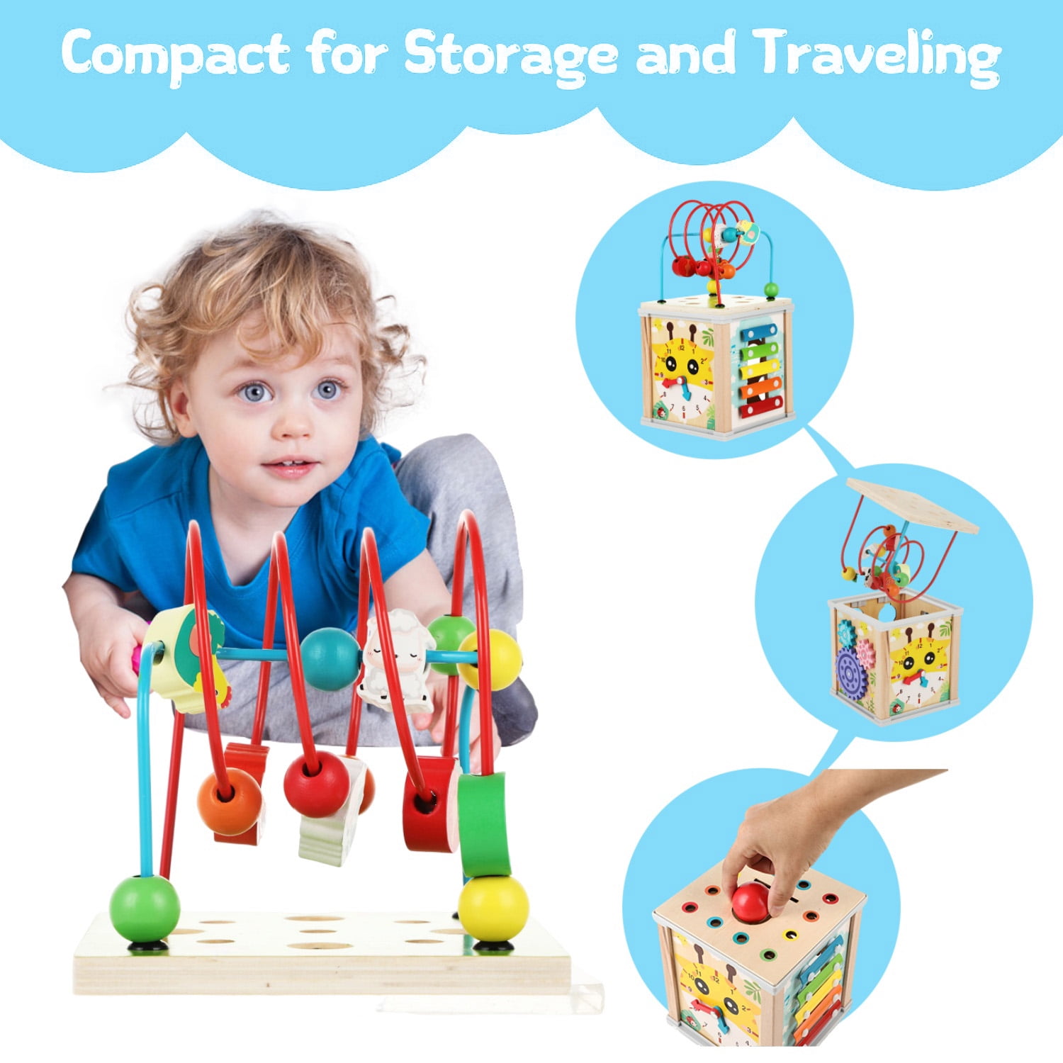 UQN Wooden Activity Cube, 10-in-1 Montessori Toys for 1 Year Old, Learning Educational Baby Busy Toys Gift for 1 2 3 Year Old Boys & Girls