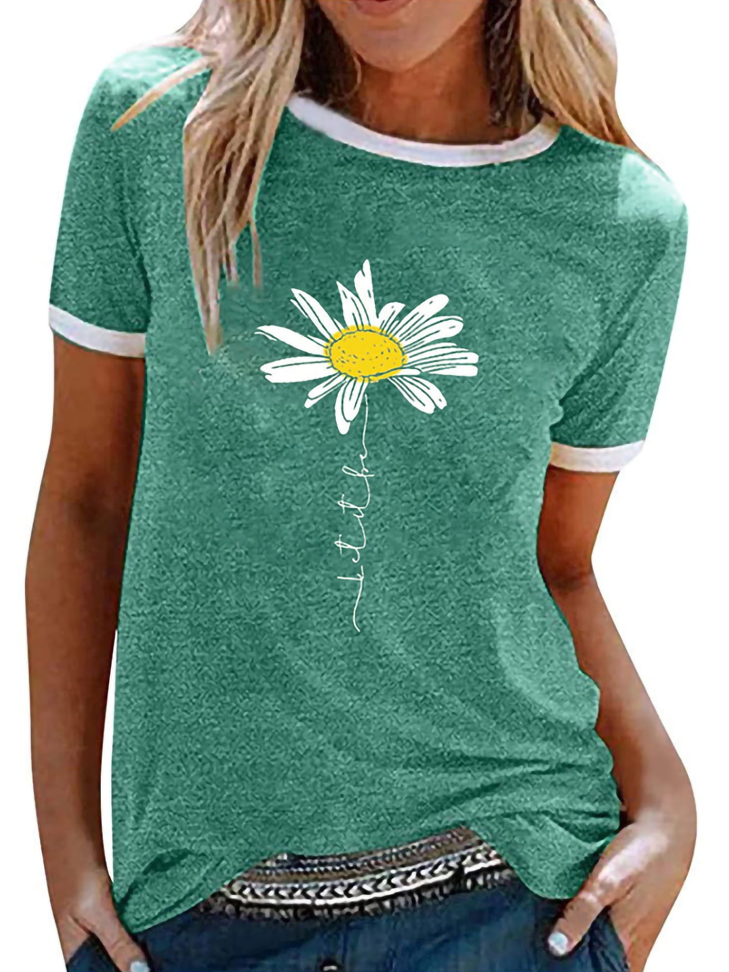 LUXUR Ladies Tops Short Sleeve T Shirt Letters Design Tee Stitched Tunic Blouse Daisy Print Pullover Green L