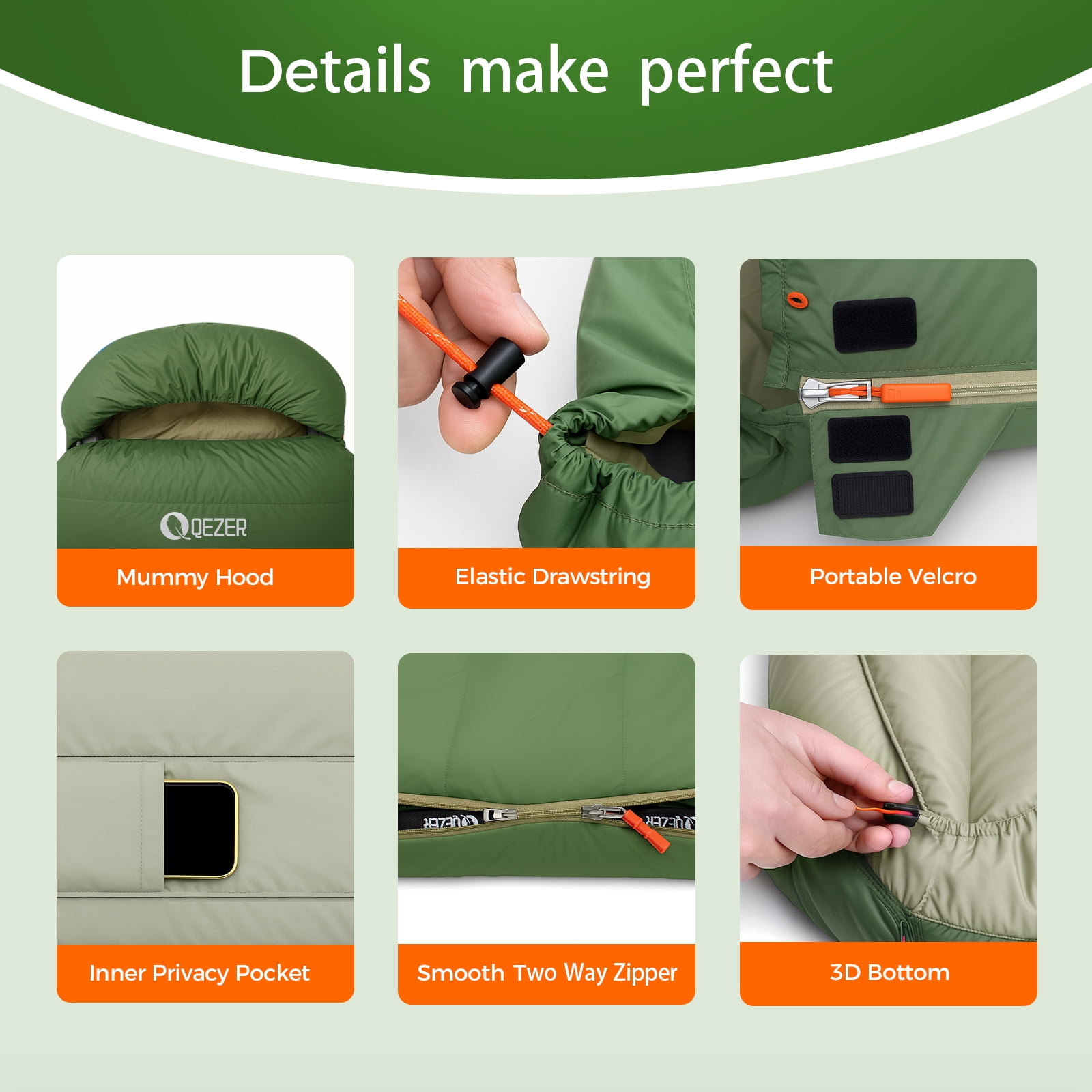 QEZER XL Sleeping Bag, Suitable for 4 Seasons Oversized Ultralight Backpacking Sleeping Bag for Adults, Great for Camping and Hiking