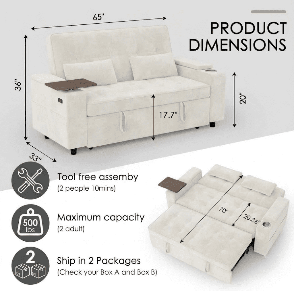 Howcool 65" Sleeper Sofa Bed, 3-in-1 Convertible Pull Out Couch Bed with Tray Table & Cup Holders, Chenille Loveseat Sofa with Adjustable Backrest for Living Room, Apartment(Beige)