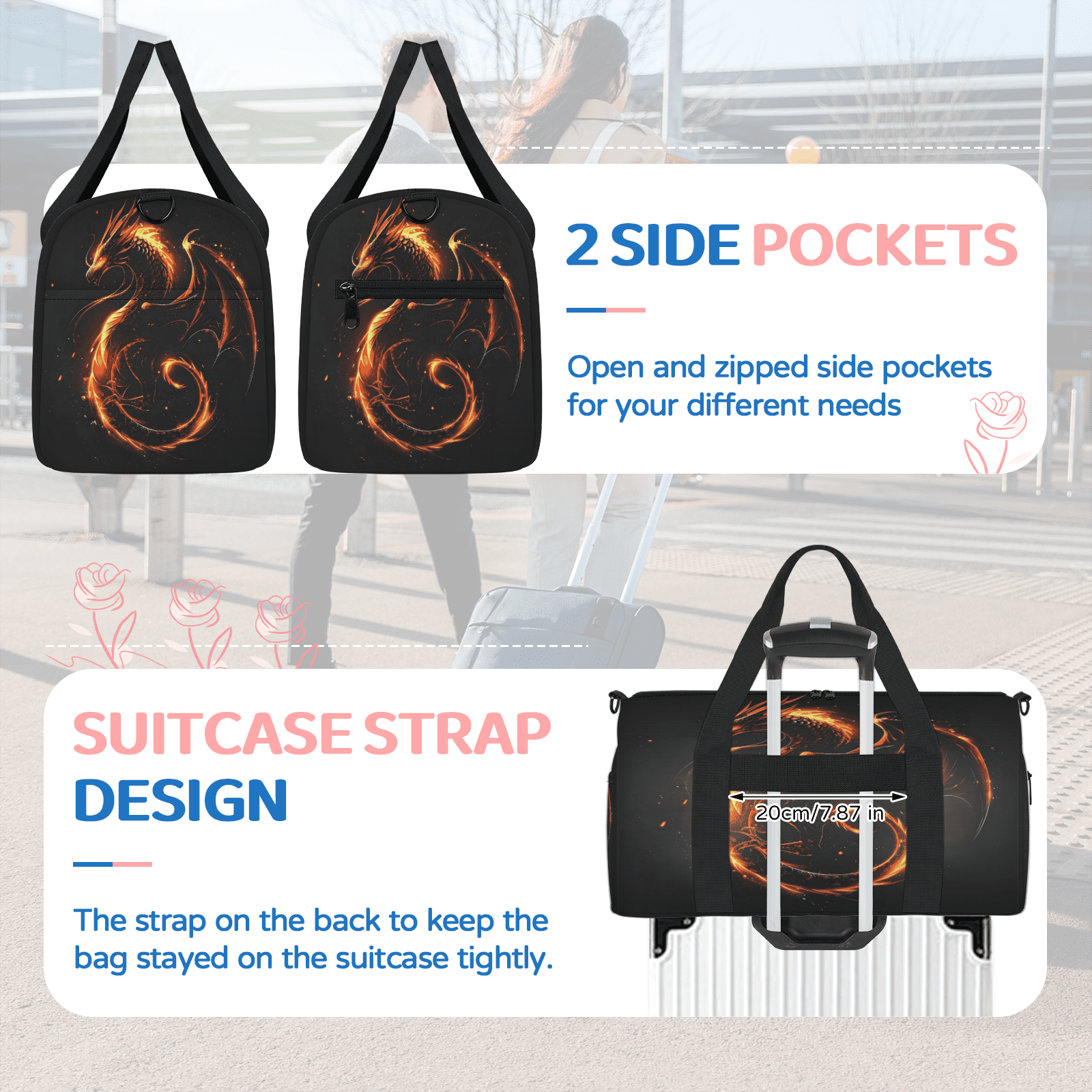 Herdesigns Fire Dragon Gym Bag for Women, Duffle Bag for Travel Sport, Lightweight Waterproof Carry on Weekender Overnight Dance Yoga Workout Bags