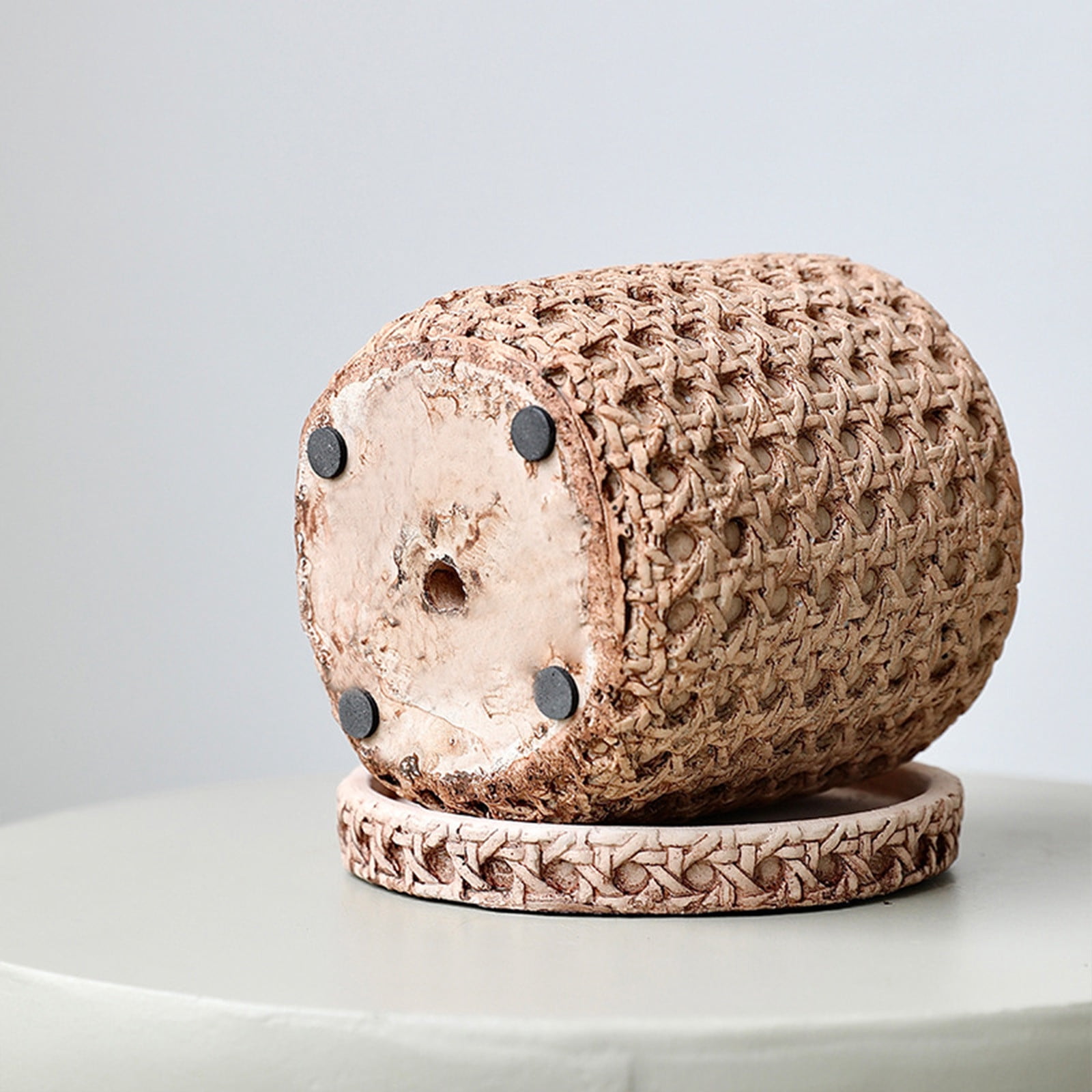 Cement Stone Planter Pot Saucer, Rattan Woven Pattern Flower Container, Indoor Outdoor Home Garden Decor, Durable Heavy Duty Plant Pot Vase, Functional Drainage Gardening Holder