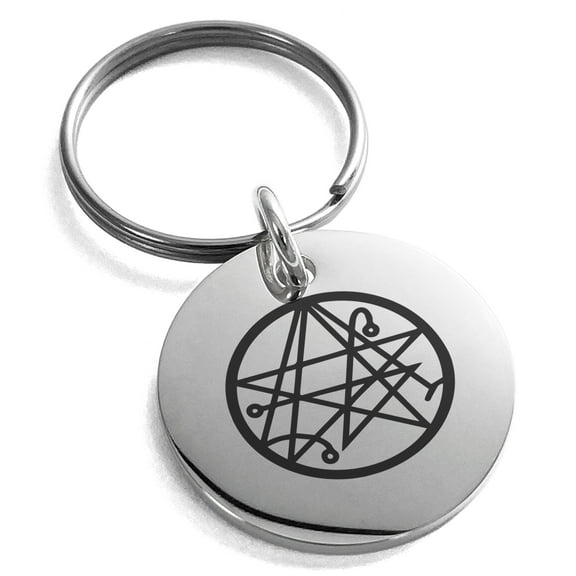 Stainless Steel Necronomicon Talisman Rune Engraved Small Medallion Circle Charm Keychain Keyring