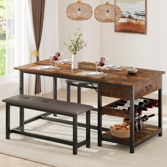 GAOMON Dining Table Set for 4, Kitchen Dining Table Set with Upholstered Benches, Kitchen Dining Room Table with Storage Drawers & Wine Rack for Small Space, Retro Brown