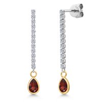 Gem Stone King 14K Two Tone Gold Red Garnet and Lab Grown Diamond Earrings for Women | 1.34 Cttw | Gemstone January Birthstone | Pear Shape 6X4MM