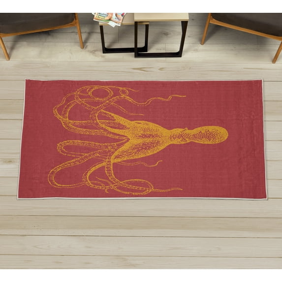 Octopus Decorative Rug, Monochrome Marine Animal Tentacles in Sketch Subaquatic Life Art, Quality Carpet for Bedroom Dorm and Living Room, 6 Sizes, Pale Ruby, by Ambesonne