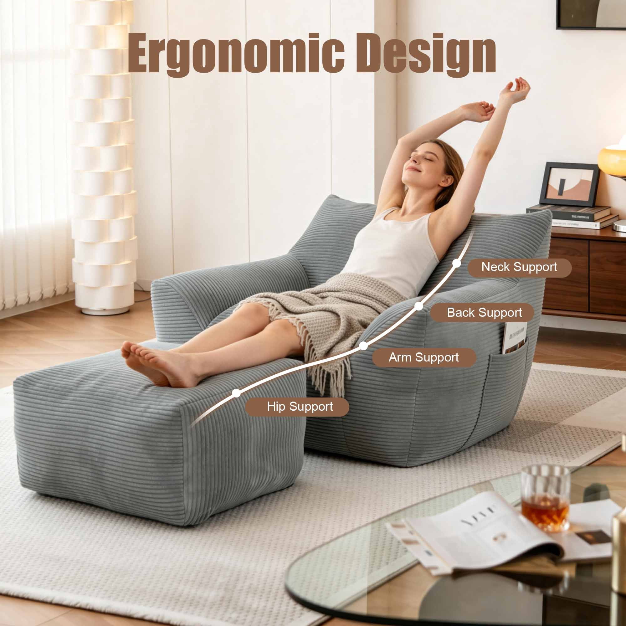 Lunale Oversized Bean Bag Chair with Ottoman, Boneless Lazy Sofa Chair for Bedroom, Living Room, Gray Corduroy