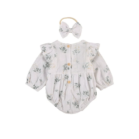 Qiylii Baby Girls Romper Long Sleeve Floral O-neck Ruffle Bodysuit+Headband