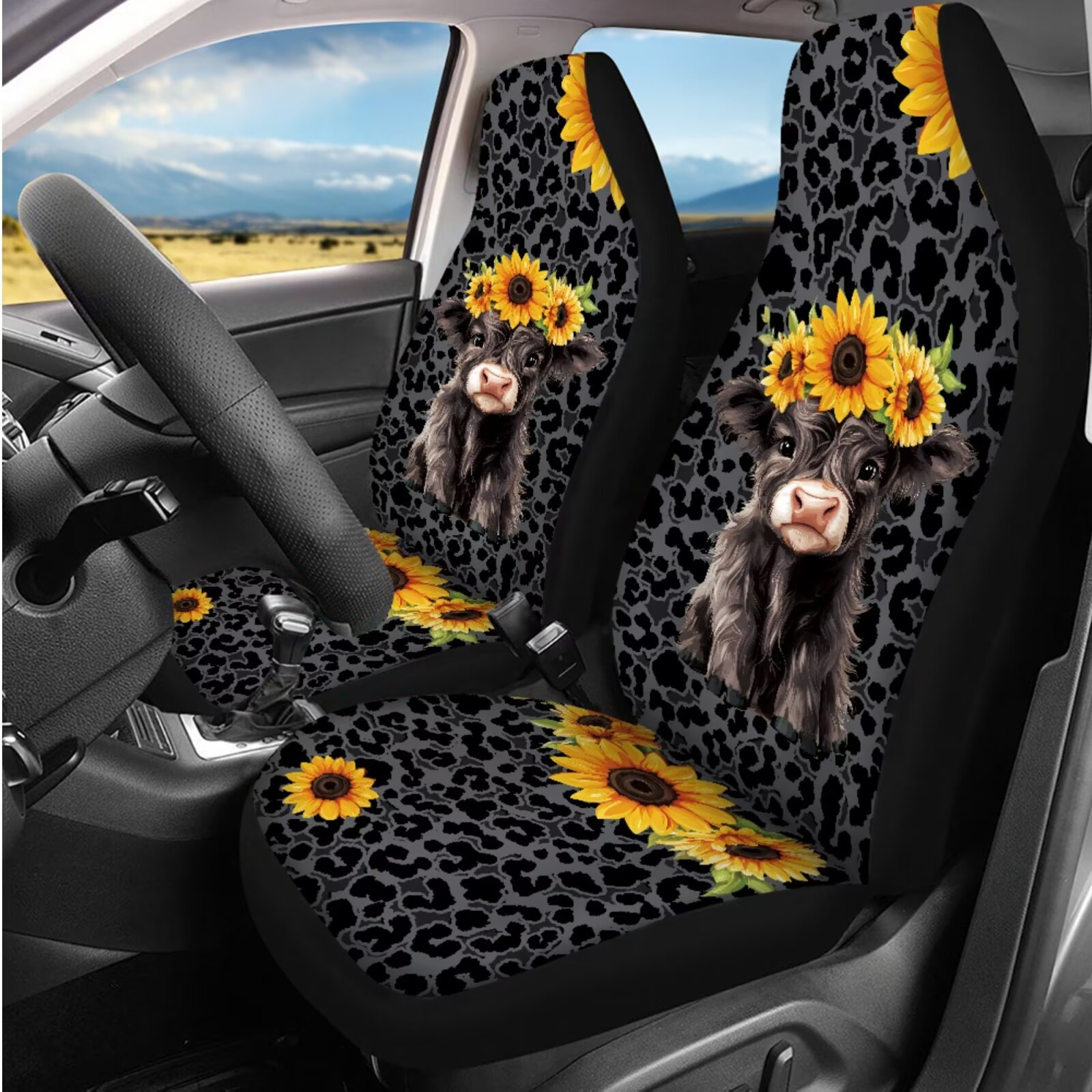 HUIACONG Black Leopard Print Car Seat Covers Full Set Car Accessories Seat Covers with Seat Belt Covers Armrest Cover Steering Wheel Cover Headrest Cover Coaster Keychain 14 Pcs