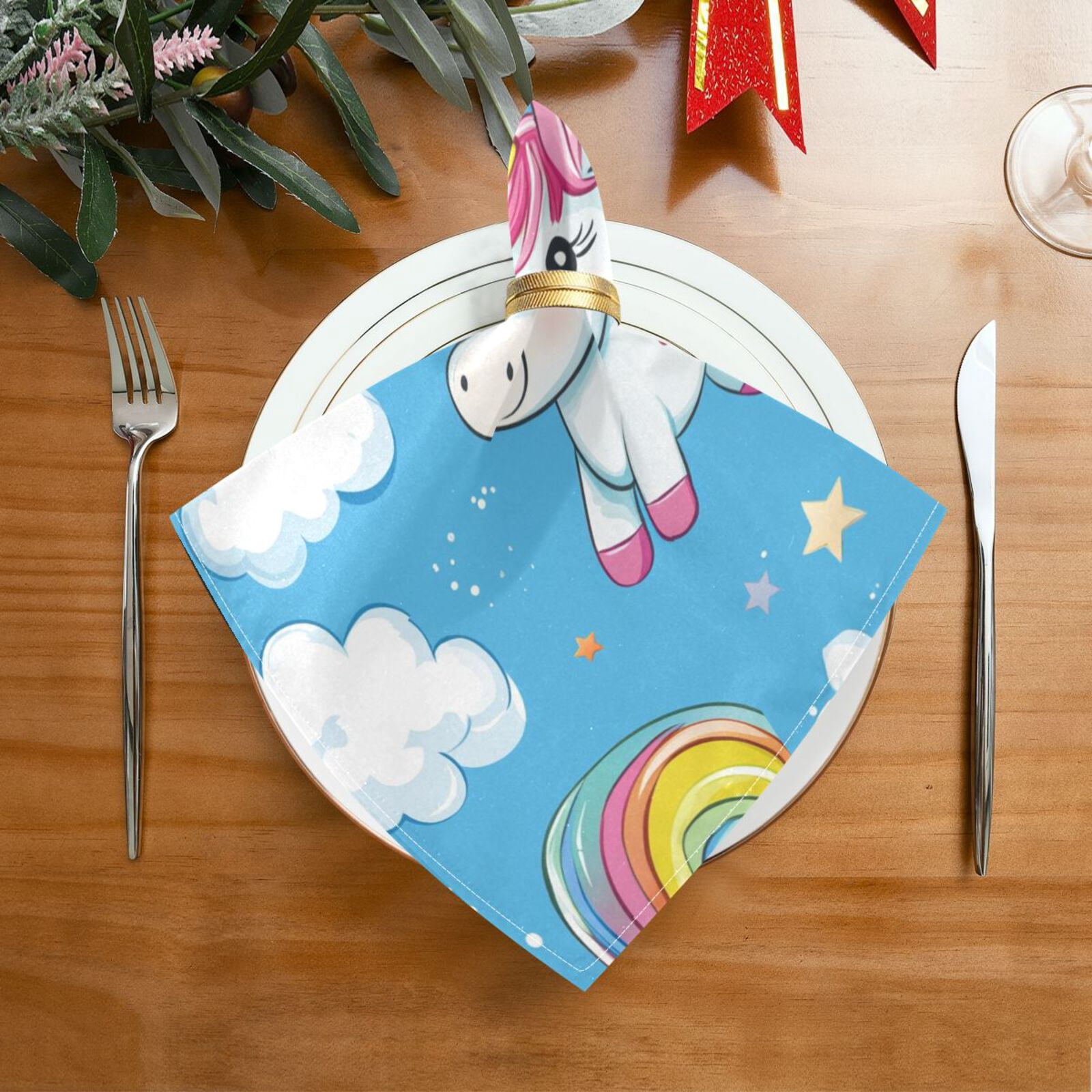 JSTEL Cute Rainbow Unicorns Cartoon Cloth Napkins Set of 6, 20x20 Inch Washable and Reusable Napkin for Decoupage Dinner Party Everyday Use