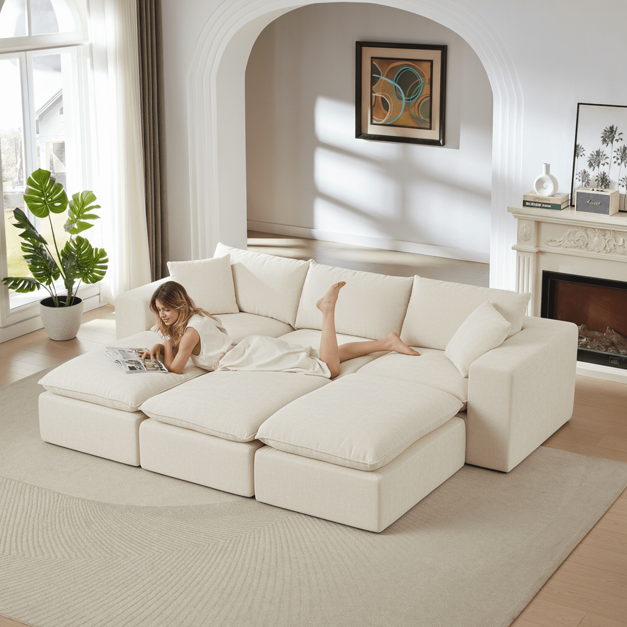 MAYEERTY Modern Modular Chenille Sofa, White Cloud-Soft Sectional Couch for Living Room