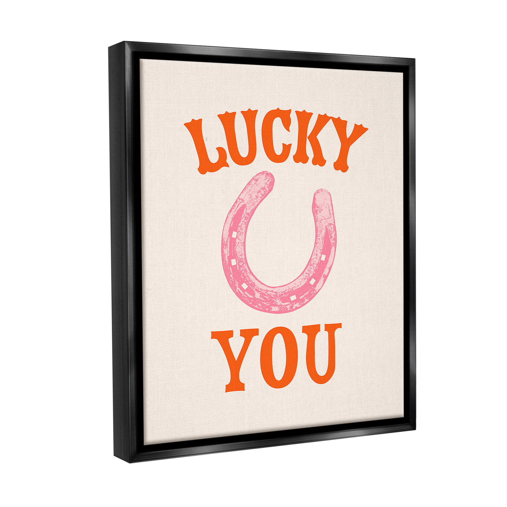 Stupell Industries Lucky You Horseshoe Typography Painting Black Floater Framed Canvas Art Print Wall Art, 25 x 31