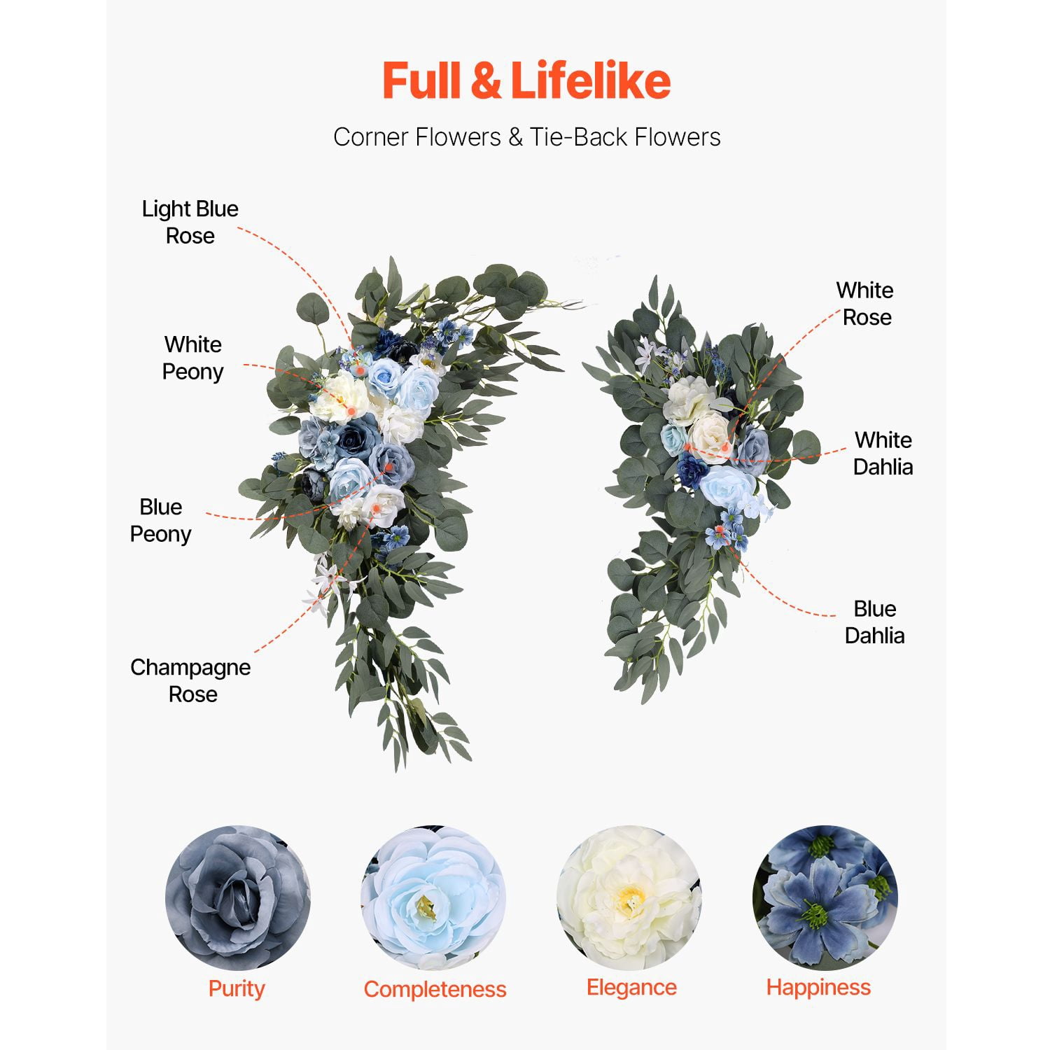 Artificial Wedding Arch Flowers Kit with 21ft Draping Fabric - 4-Pack Blue & White Ceremony Backdrop Decor for Wedding Arch
