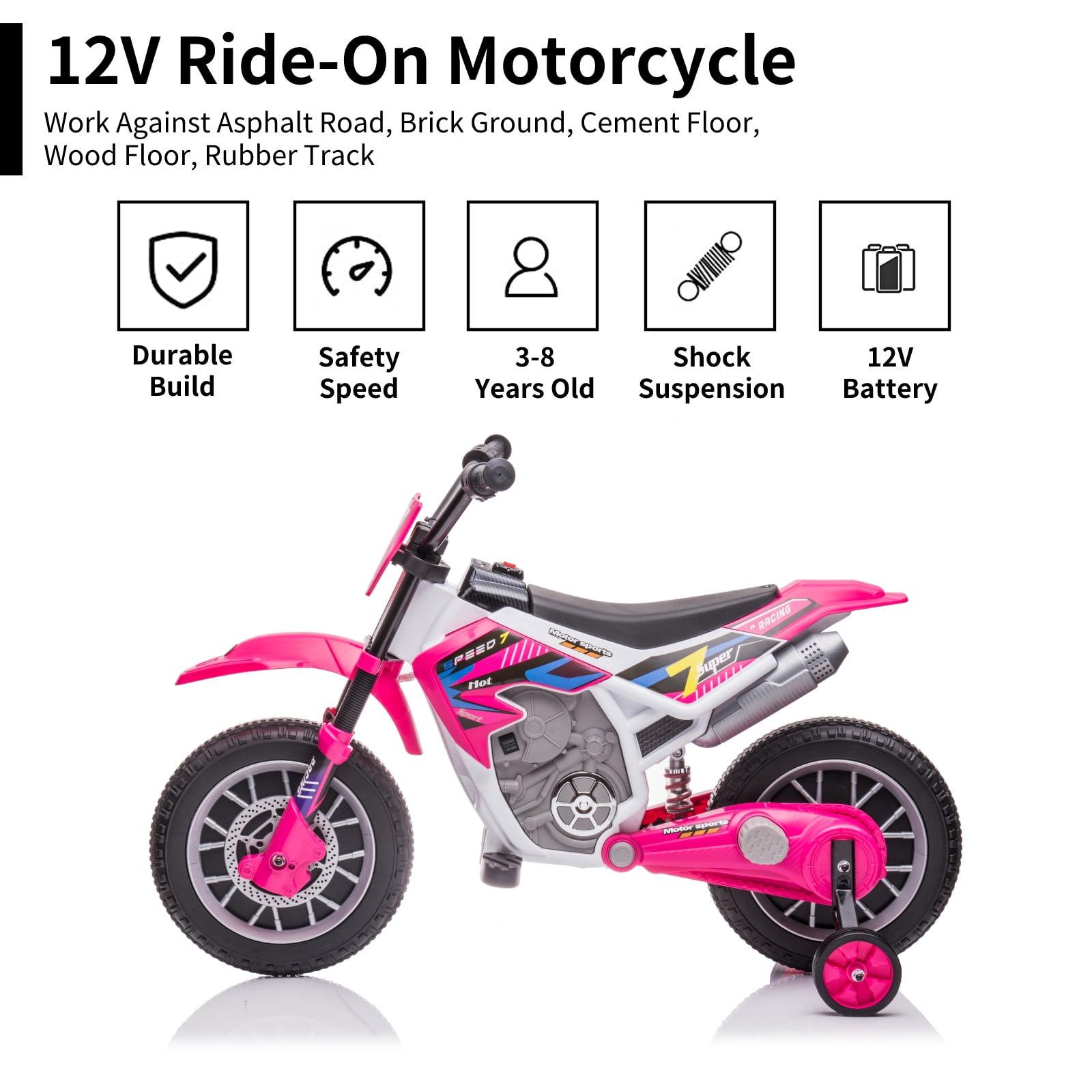 FINITO 12V Kids Ride on Motorcycle 4 Wheels Battery Powered Car Toy with 2 Training Wheels Music Player Electric Motorbike Gift for Boys Girls Age 3+, Rose Red