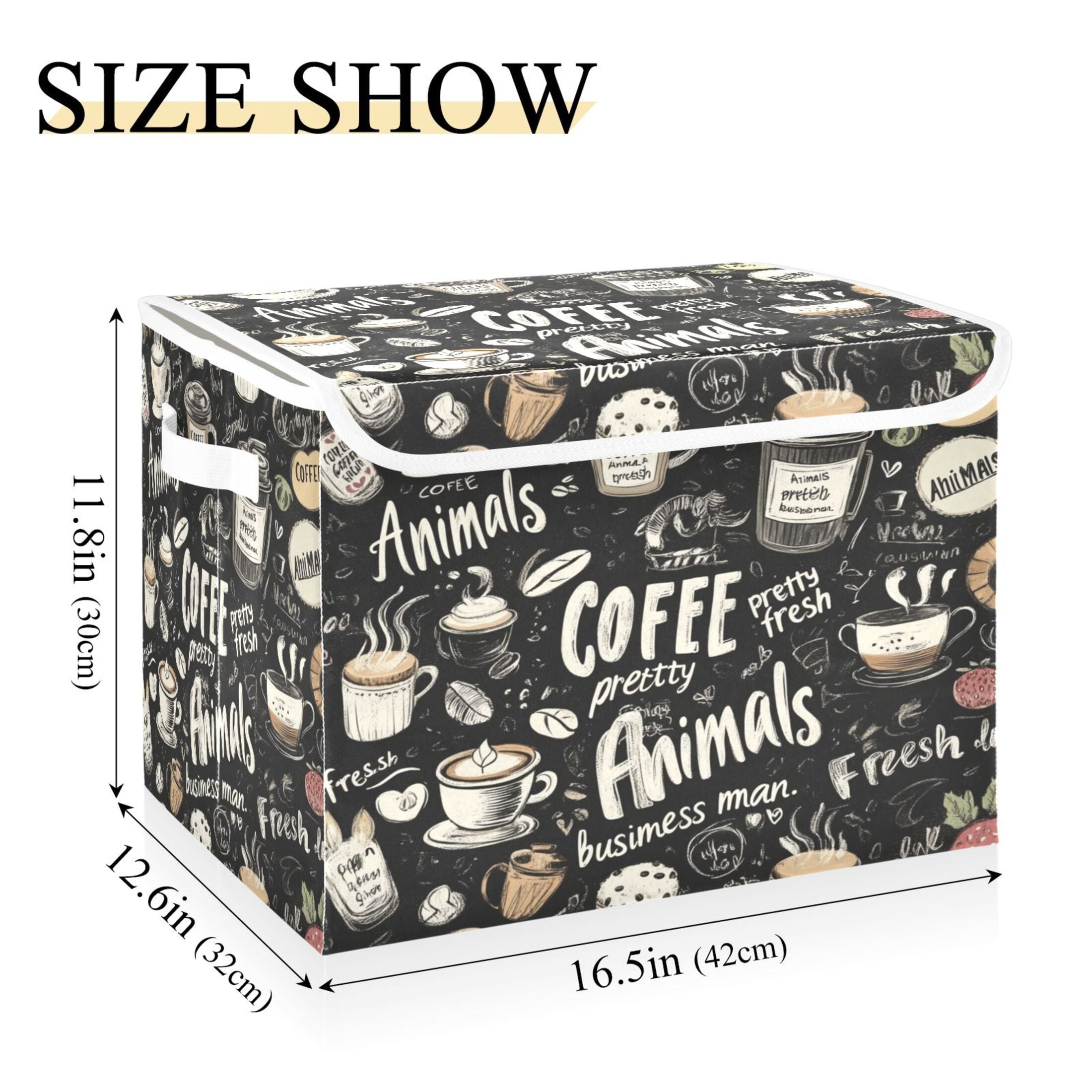 WOBOGO Coffee Picture Large Collapsible Storage Box Flip Lid Fabric Decorative Organizer Container Basket with Handles 16.5×12.6×11.8in