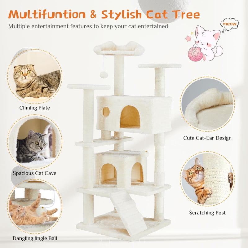 Kelno 54" Cat Tree Tower Durable Cat Climbing Tower with Sisal Scratching Posts Cozy Condo Hammock and Platforms, Beige