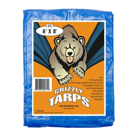 Grizzly Tarps by B-Air 6' W x 8' L Multi-Purpose Waterproof Tarp, 8x8 Weave, 5 Mil Thick, GT-BL-68