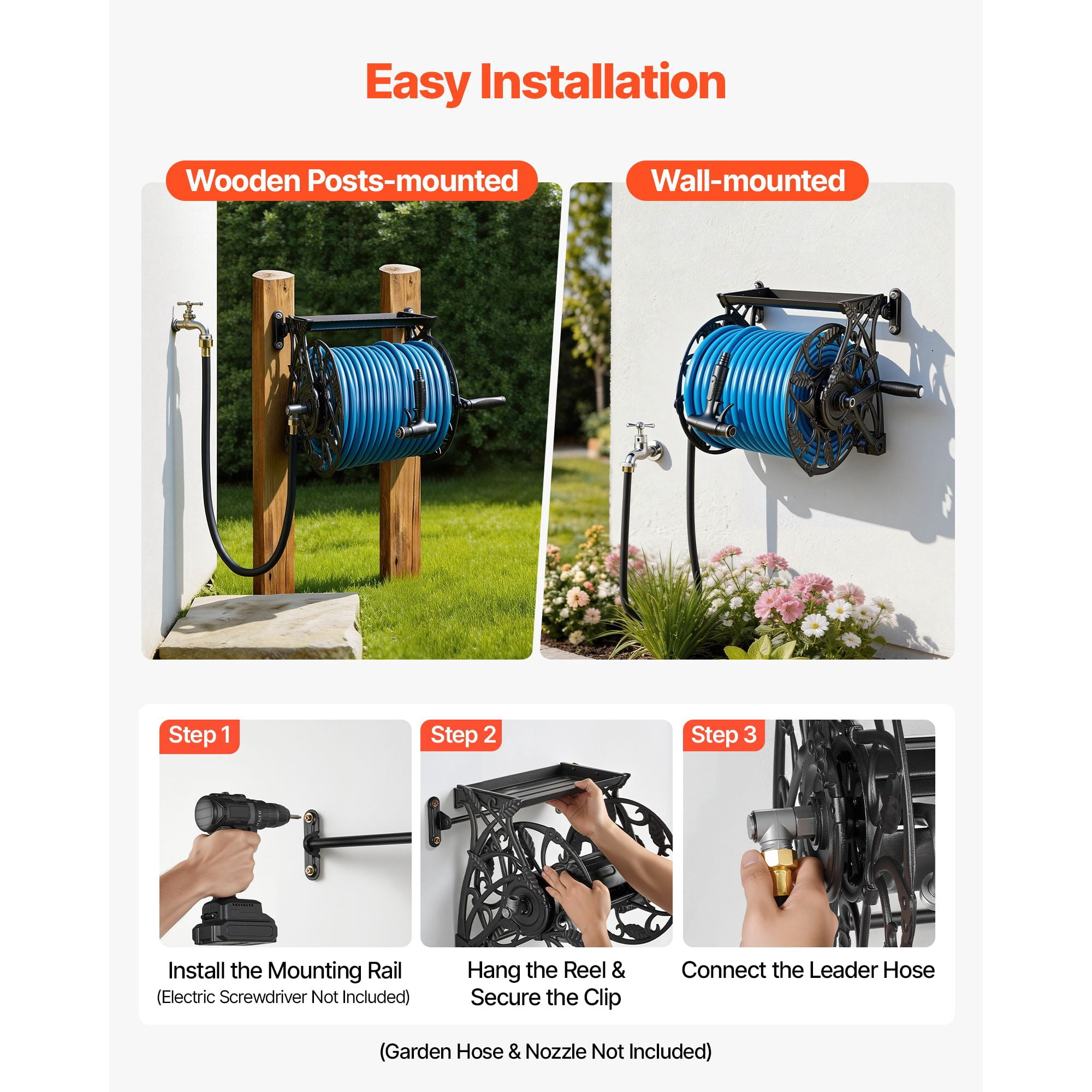 Wall Mount Garden Hose Reel 135ft 5/8 Inch Heavy  Aluminum Water Hose Holder with Storage Tray Decorative Outdoor Backyard